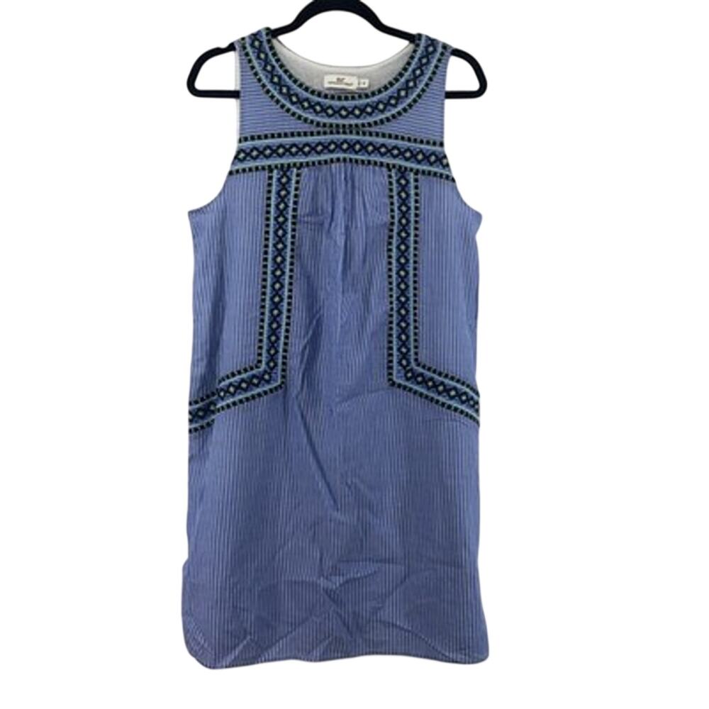 Vineyard Vines Dress Medium Blue White Striped Embroidered Boho Shift Cotton